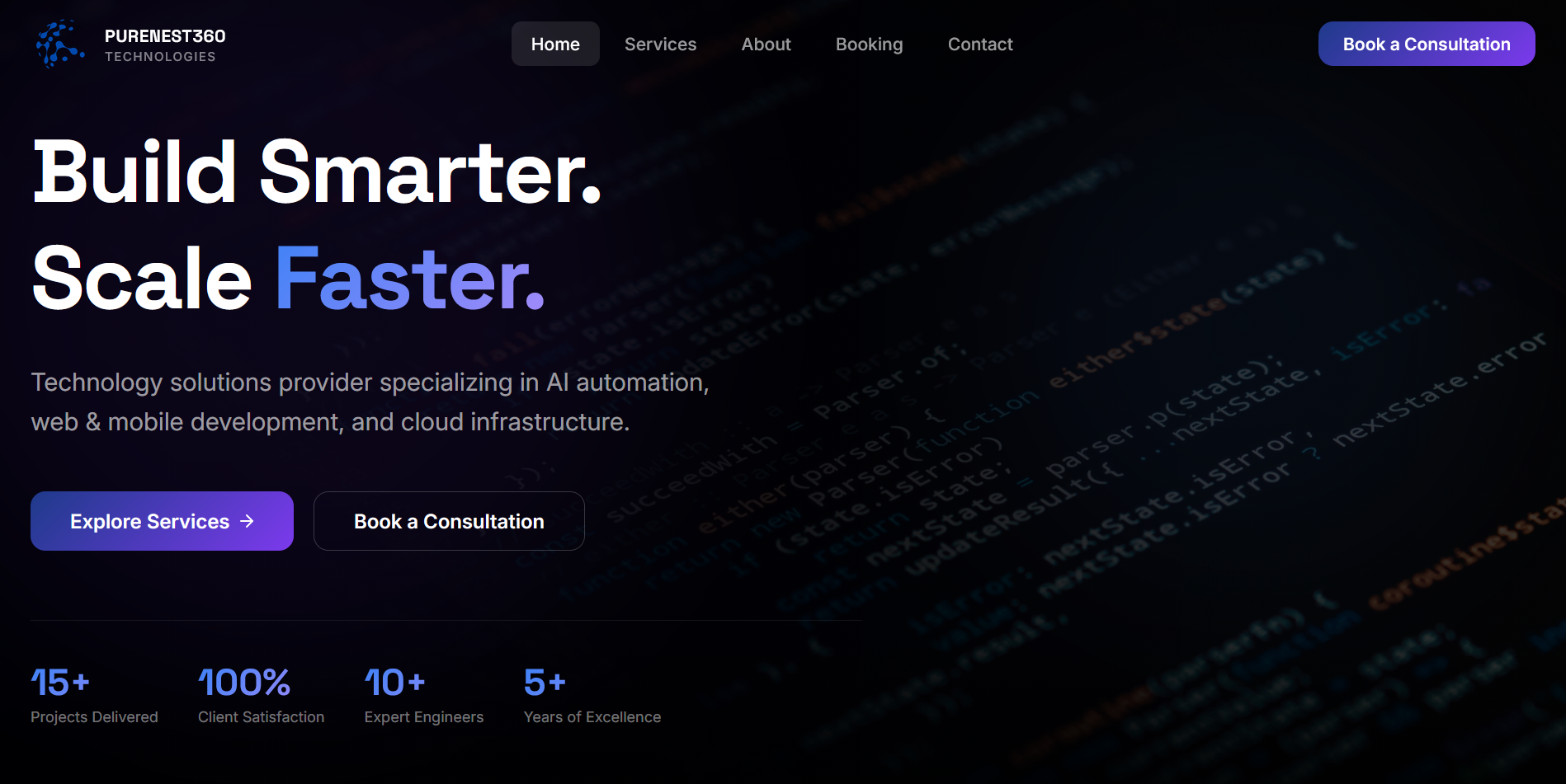 Home page of the PureNest360 Technologies website: build smarter, scale faster