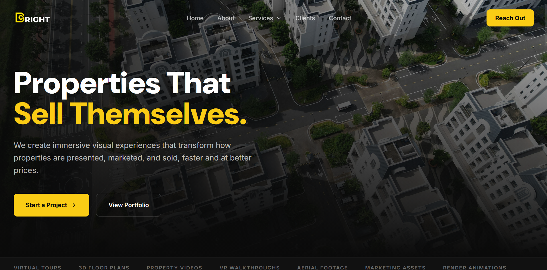 Home page of the Bright Illuminated website: properties that sell themselves, with an aerial city view