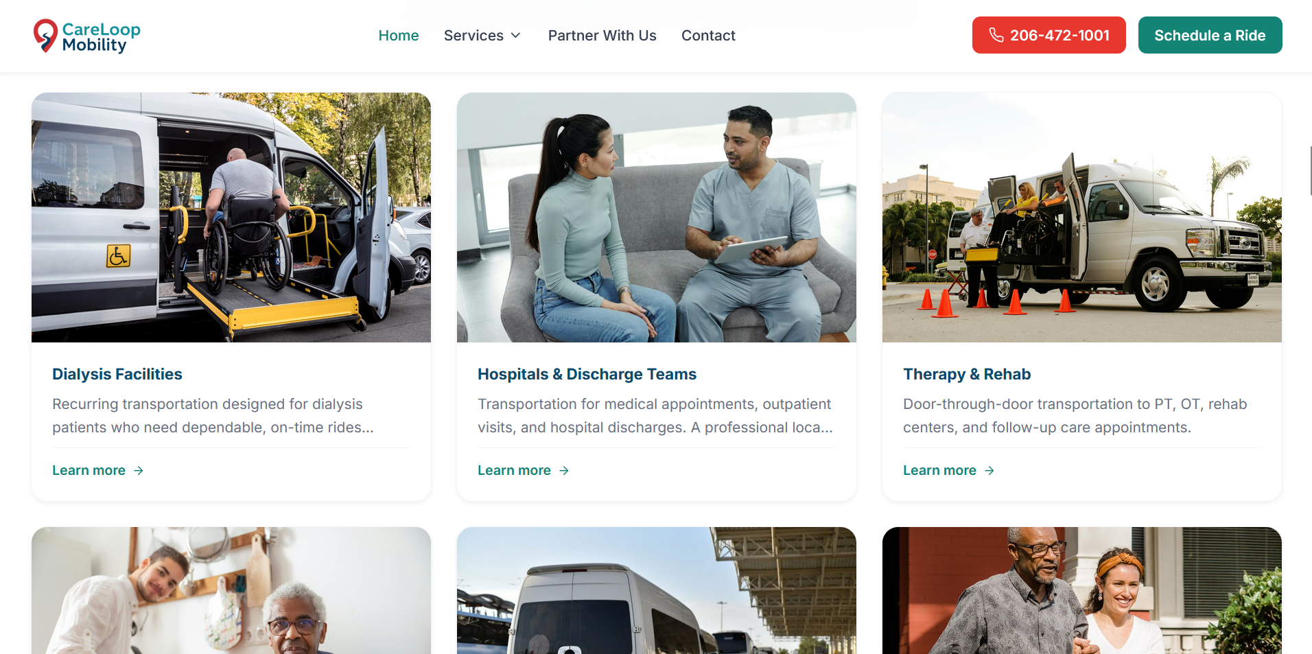 Home page of the Careloop Mobility website: transport services for dialysis, hospital discharge and therapy appointments
