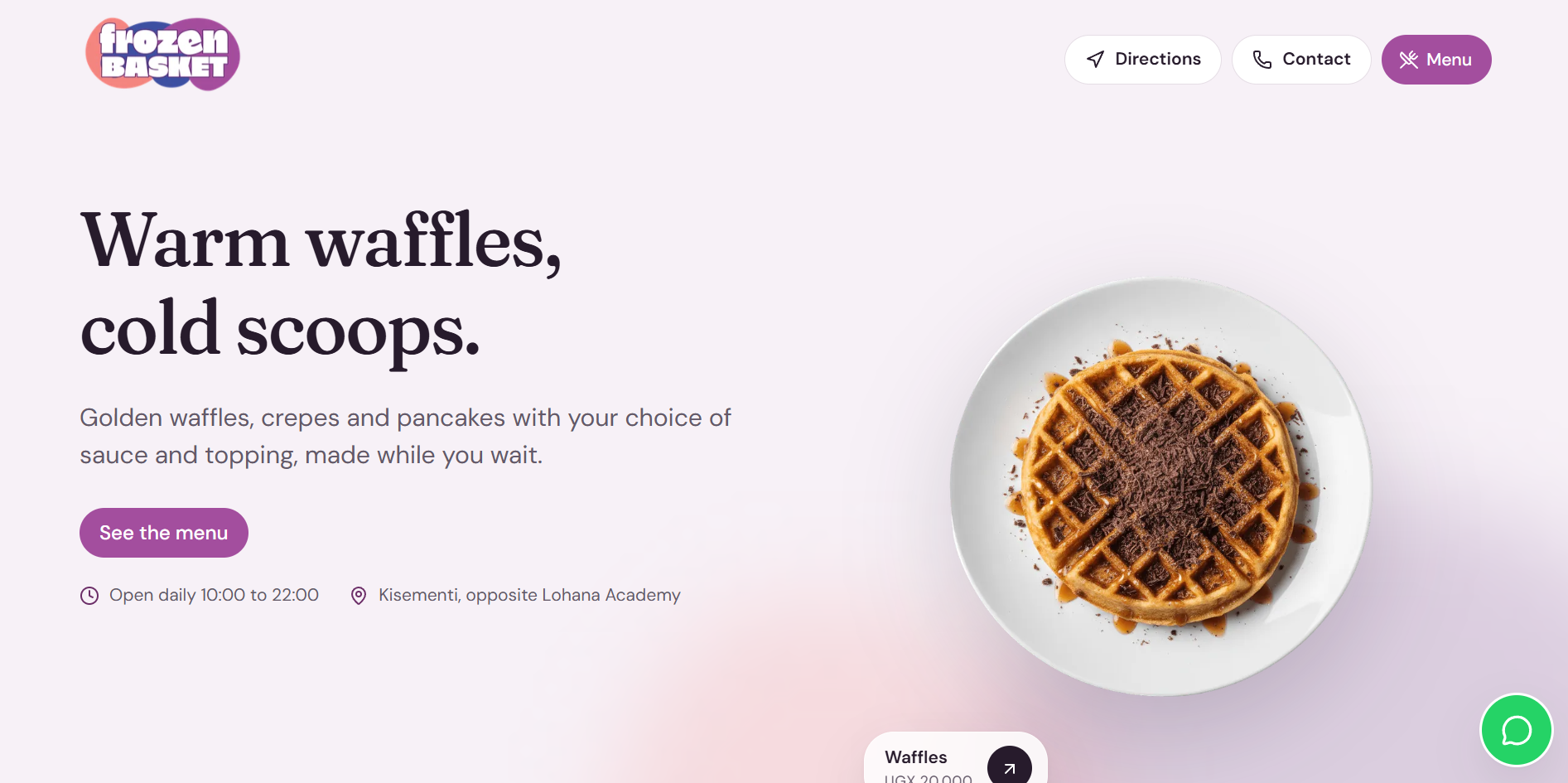 Home page of the Frozen Basket website: warm waffles and cold scoops, with the menu and opening hours