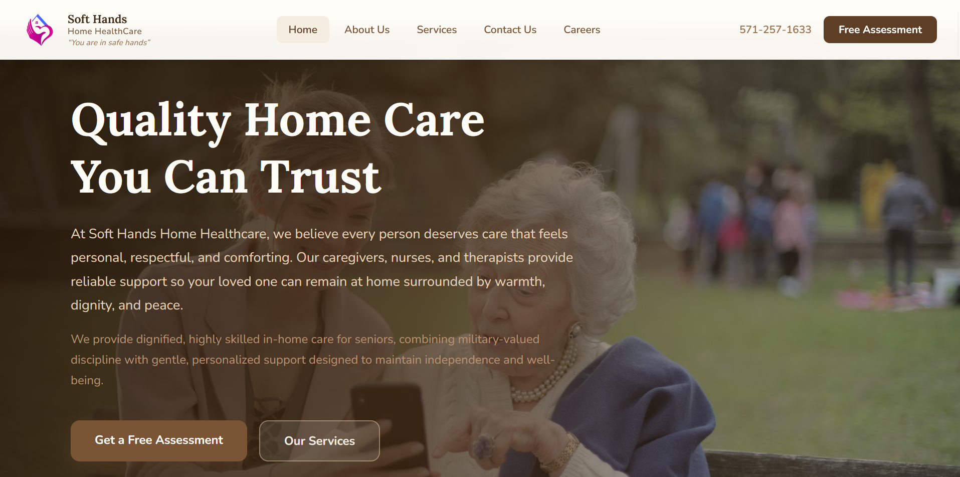 Home page of the Soft Hands Home Healthcare website: quality home care you can trust